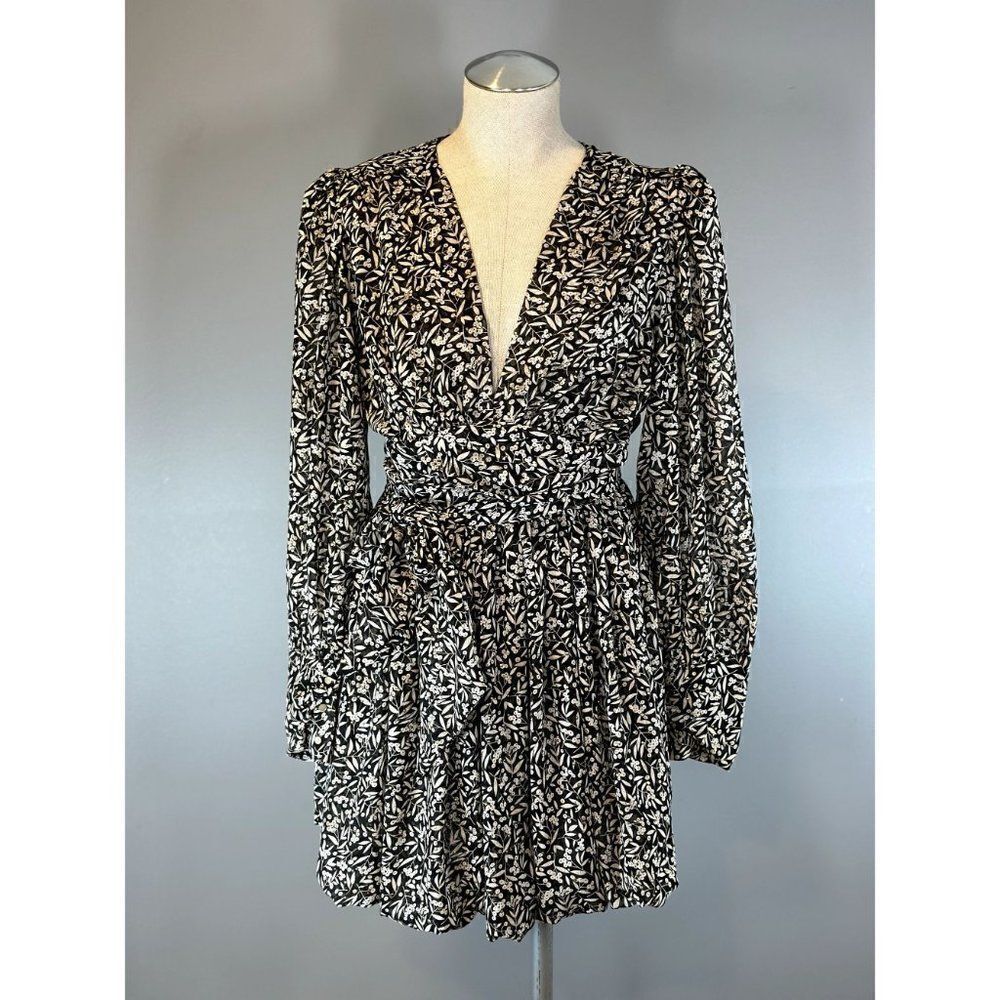Sabina Musayev New Mini Printed Chiffon Dress In Black/Beige Size M